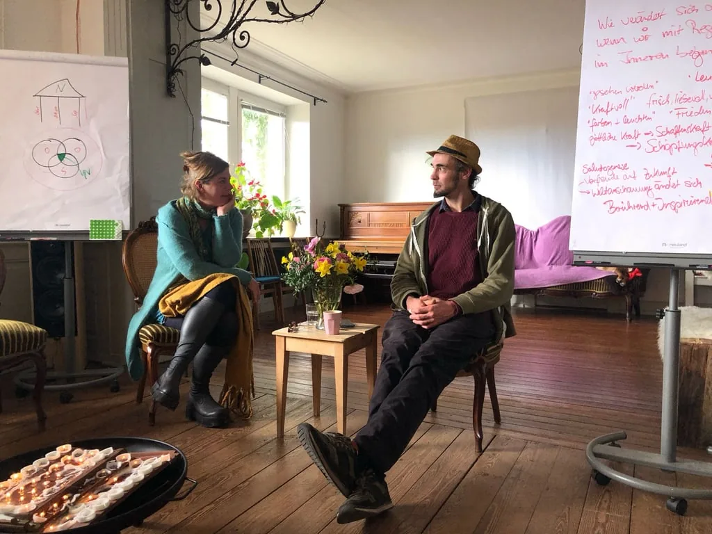 Cordula and Melvin Jarman beside flipcharts during a talk on regenerative organisations for Hofgut LEO members.